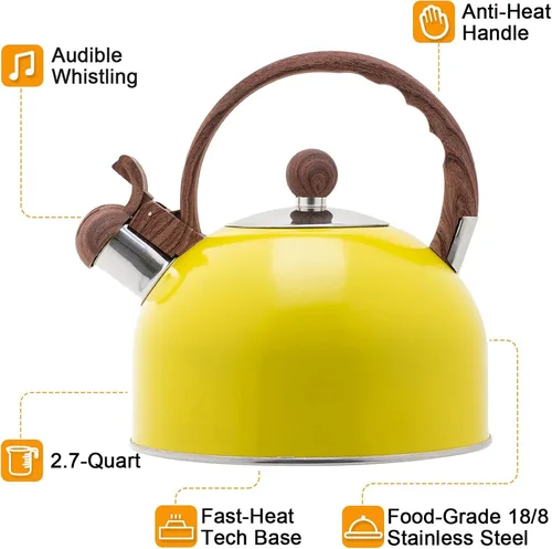 Vista 3 de Vilihkc Hervidor de té de acero inoxidable con mango anticalor de grano de madera, 2.6 cuartos de galón/2.5 litros, silbidos fuertes para té, café