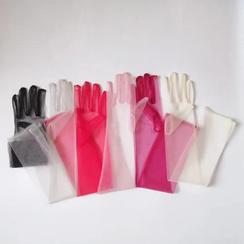 Vista 5 de Guantes largos de tul para mujer, color sólido, longitud del codo, 27 pulgadas, guantes transparentes