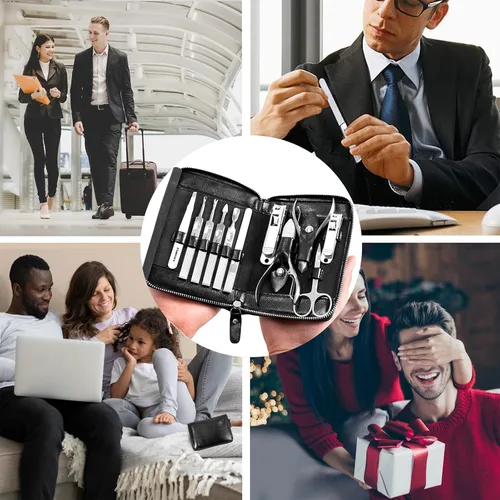 Vista 8 de FAMILIFE - Kit de manicura profesional para uñas, 11 en 1, de acero inoxidable, con estuche de viaje portátil de cuero negro, regalos de lujo para él