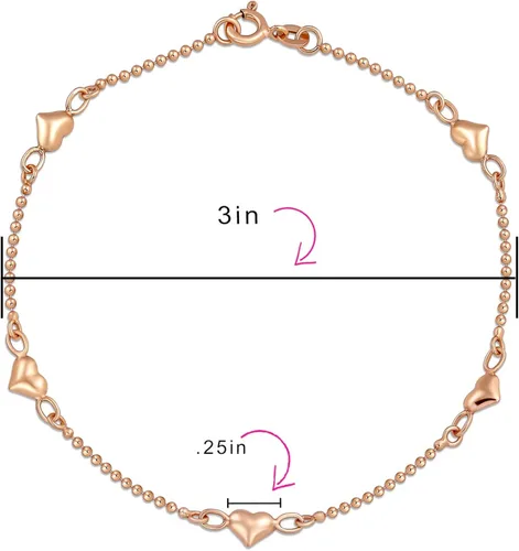 Vista 3 de Multi Flat Puff Station Dangle Hearts Charm Anklet Ankle Bracelet For Women Teen Beaded Ball Figaro Chain Rose 14K Yellow Gold Vermeil .925 Sterling