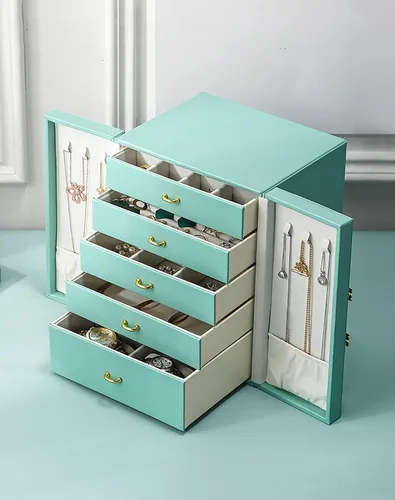 Vista 4 de AOSIFIEL Joyeros organizadoresestuche grande de pie con 5 cajones, regalo para mujeres, adolescentes, niñas, niños, gran joyeríasoporte de cuero