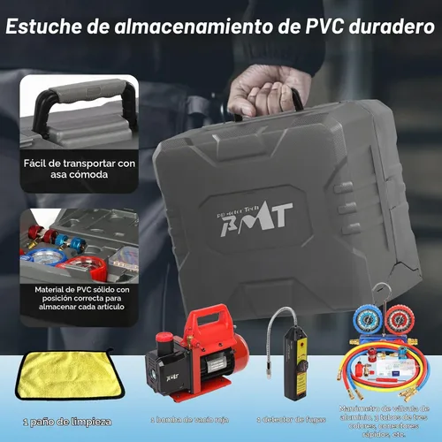 Vista 3 de PB Motor Tech - Juego de bomba de vacío y medidor - Bomba de 4.5 CFM con manómetro de colector de aluminio de 3 vías, con detector de fugas