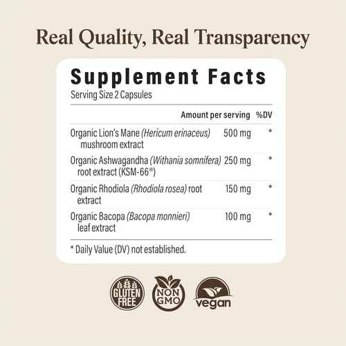 Vista 6 de Real Mushrooms RealClarity Cápsulas – Melena de León, KSM-66 Ashwagandha, Rhodiola y Bacopa – Agudeza mental, alerta y apoyo adaptogénico – Vegano
