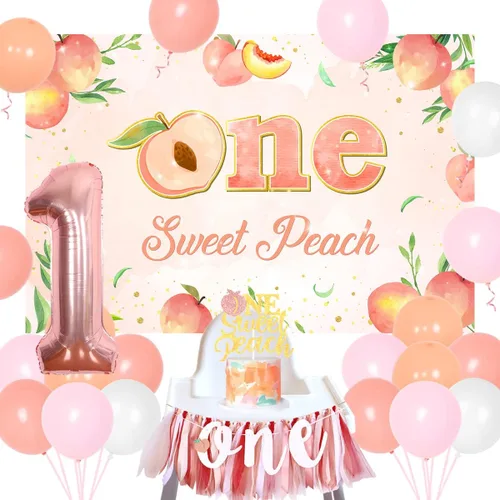 Vista 6 de Decoración de cumpleaños de durazno dulce para el primer cumpleaños, decoración para niñas, un dulce melocotón, telón de fondo para primera silla