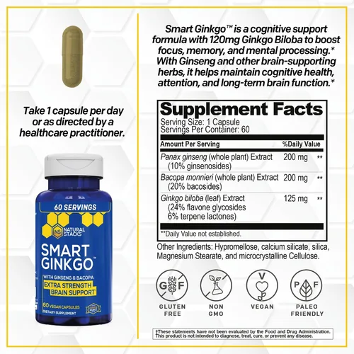 Vista 4 de NATURAL STACKS Paquete de suplemento Smart Ginkgo Biloba y Smart NMN - Soporte cerebral extra fuerte y apoyo NAD+* - 120 cápsulas totales