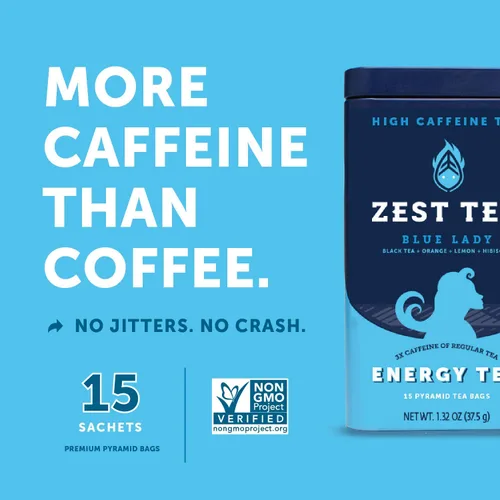Vista 2 de Bolsas de Té Zest Energy – Té negro Blue Lady de Maracuyá – Té con alta cafeína para energía matutina, enfoque y claridad – Té natural con cafeína