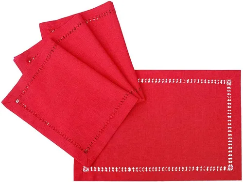 Vista 2 de Grelucgo Juego de 4 manteles individuales decorativos hechos a mano con punto vainica, color rojo, rectangular, 12 x 18 pulgadas