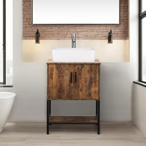 Vista 21 de UEV Juego de tocador de baño antiguo de 24 pulgadas, color marrón oscuro con lavabo, armario de baño de madera de hierro con grifo de temperatura