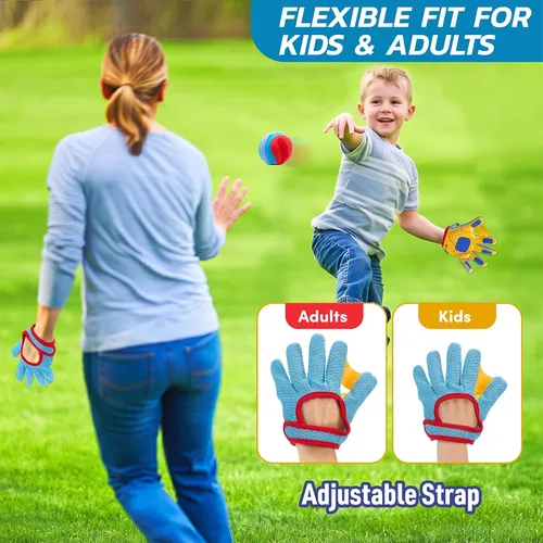 Vista 5 de JoyCat Juego de pelota para lanzar y atrapar con 2 guantes ajustables, 2 bolas adhesivas suaves y bolsa de transporte, juego de guantes de béisbol