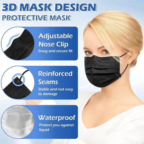 Vista 3 de XDX Mascarillas desechables negras, paquete de 50 unidades, mascarillas de 4 capas envueltas individualmente para mujeres, hombres, adultos, unisex
