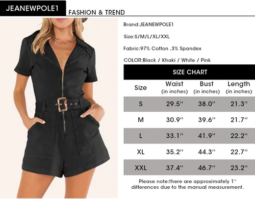 Vista 6 de Jeanewpole1 Enterizo de verano de manga corta para mujer, de algodón, con cremallera, cinturón y bolsillos