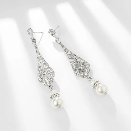 Vista 2 de Pendientes de perlas vintage de los años 20, aretes Art Deco de los años 20, joyería de la aleta de los años 20, aretes colgantes de boda, regalo