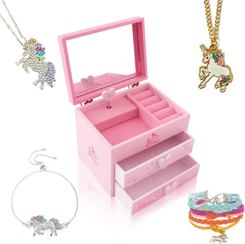 Vista 11 de Agitation Joyero Musical de Madera de Princesa Unicornio con Juego de Joyas a Juego, Regalos de Unicornio para Niñas, Grande, Madera, Plástico.