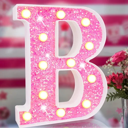 Vista 9 de Letras rosas iluminadas con purpurina, letras del alfabeto rosas, letreros de luces LED en marquesina rosas con batería para iluminación nocturna