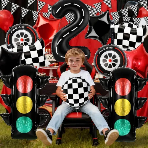 Vista 5 de Decoraciones de fiesta de cumpleaños de auto de carreras, globo negro número 2 de 40 pulgadas, globo de aluminio para decoración de cumpleaños