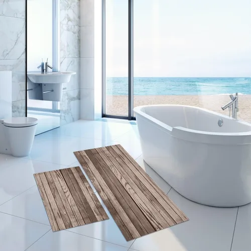 Vista 5 de GUBIYU Juego de 2 alfombras y tapetes de cocina de madera campestre, lavables, rústicas, tablones de madera marrón, alfombras de baño