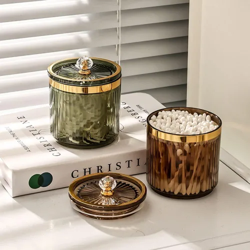 Vista 3 de Plástico algodón hisopo bola Pad Pad Holder Floss Organizer Box Clear Container Dispenser-Amber