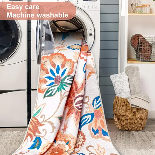 Vista 5 de Beeiva Alfombras florales de entrada, lavables para interiores, ultra fina, de 2 x 3 pies, antideslizante, para cocina, tapete de cachemira suave