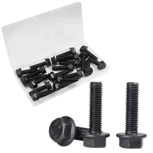 Vista 12 de M6-1.0 x 16 mm Pernos de cabeza hexagonal con brida, tornillos hexagonales de brida, acabado negro Clase 10.9, acero de aleación, totalmente