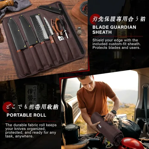 Vista 4 de Huusk Juego de cuchillos japoneses de 6 piezas con fundas - Juego de cuchillos de chef profesional con bolsa y afilador, juegos de cuchillos