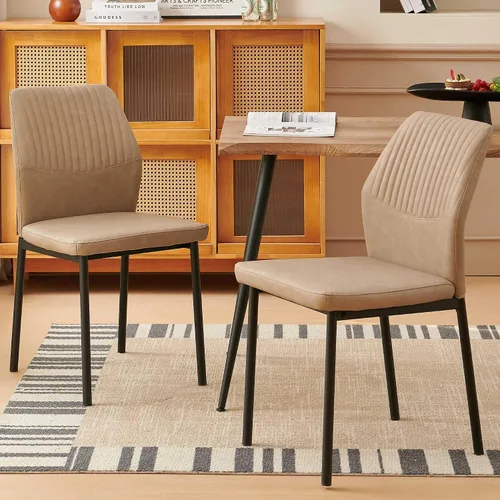 Vista 19 de Juego de mesa de comedor para 4, mesa de comedor rectangular irregular de madera moderna, sillas de comedor de cuero, 4 mesas y sillas, juego de 4