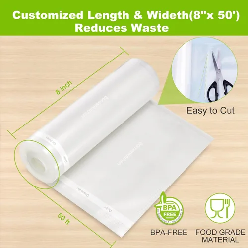 Vista 6 de Bonsenkitchen Bolsas Selladoras al Vacío, Rollos de 8" x 50' Paquete de 2 para Almacenamiento de Alimentos, Sin BPA, Resistente, Rollo de Alimentos