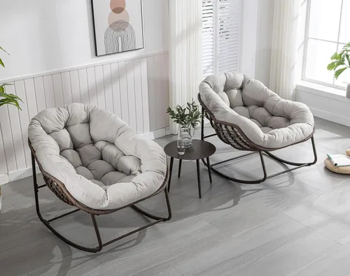 Vista 12 de Juego de 2 mecedoras para exteriores, silla mecedora de huevos de mimbre de gran tamaño, para interiores y exteriores, cómoda silla mecedora con Gris