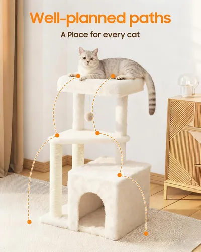 Vista 6 de Torre de árbol para gatos de interior, condominio para gatos de varios niveles de 33 pulgadas con postes rascadores, percha grande, juguete colgante