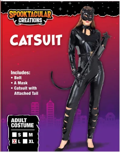 Vista 2 de Spooktacular Creations Disfraz clásico de Catwoman de Halloween para mujeres adultas, traje de gato con máscara de gatito y cinturón, Negro