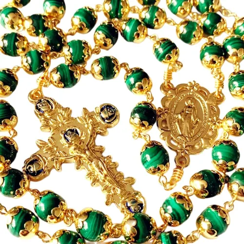 Vista 3 de elegantmedical Hecho a mano, chapado en oro de 18 quilates, sin duda, rosario de malaquita, collar de cuentas de oración, regalo católico y caja