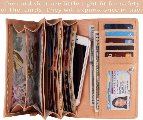 Vista 9 de Mou Meraki - Billetera o bolsa de mano de cuero genuino, con bloqueo de seguridad RFID, con escudo contra el robo de identidad, para mujeres