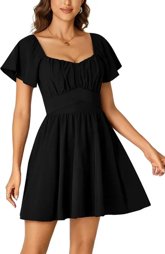 Vista 4 de Rooscier Minivestido acampanado de manga corta con volantes, cuello cuadrado, envolvente y espalda anudada para mujer
