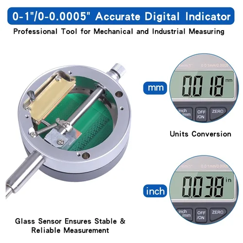 Vista 2 de Indicador de esfera digital electrónico con base magnética ajustable de precisión, brazo largo 0-1" / 25.4mm, conversión de pulgadas/metros, medidor