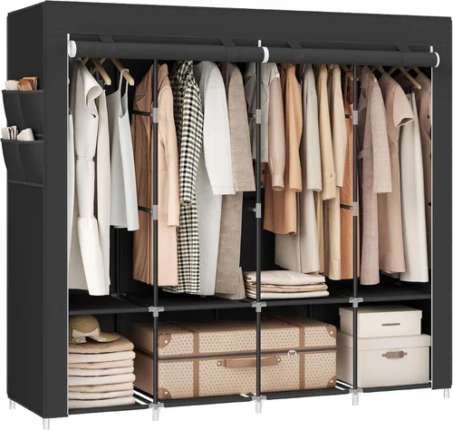Vista 12 de SONGMICS Armario portátil, Organizador de armario con cubierta, 2 barras para colgar y estantes, 4 bolsillos laterales, 33.9 x 17.7 x 65.7 pulgadas