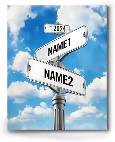Vista 8 de Lienzo de letrero de calle vintage personalizado para parejas, nombre y fecha personalizados con tema de nube en blanco y negro, regalo de boda