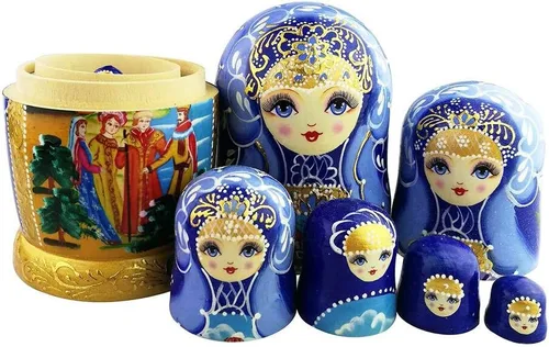 Vista 6 de Winterworm Hermoso patrón azul y dorado de cuento de hadas hecho a mano de madera tradicional rusa muñecas de anidación Matryoshka Set de 7 piezas