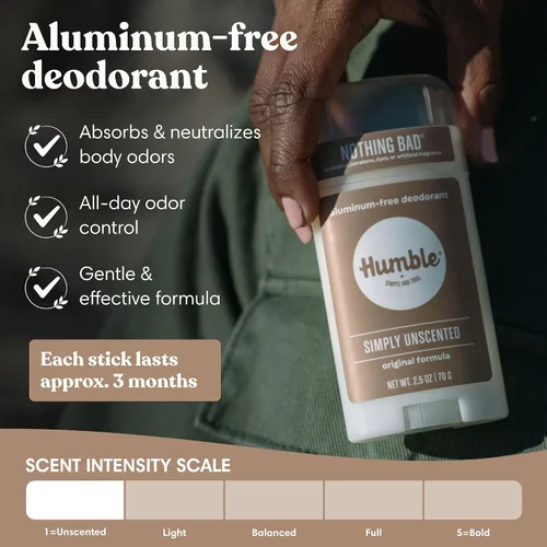 Vista 2 de Desodorante sin aluminio de fórmula original de HUMBLE BRANDS. Control de olor duradero con bicarbonato de sodio, simplemente sin perfume, paquete