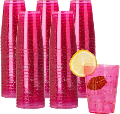 Vista 14 de DaYammi Paquete de 100 vasos de plástico dorados de 16 onzas, elegantes vasos de plástico transparente con borde dorado, desechables, copas de vino