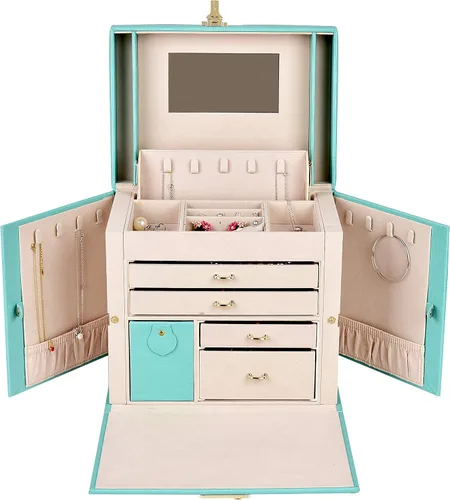 Vista 2 de Joyero organizador grande de piel sintética con cajones de espejo con cerradura de regalo para mujer (TF Azul-L)