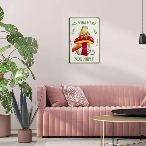 Vista 7 de Divertido letrero de metal con diseño de hongos y rana: bonita decoración de bosque y casa de campo para baño, cocina, dormitorio y hogar, 12 x 8
