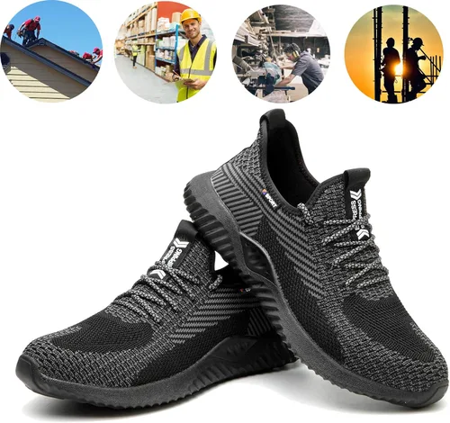 Vista 5 de SUADEX Zapatos de trabajo indestructibles con punta de acero para hombres y mujeres, ligeros, a prueba de pinchazos, transpirables, zapatos
