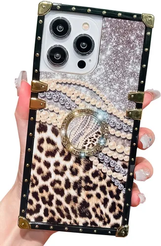 Vista 9 de Funda cuadrada de lujo compatible con iPhone 13 Pro Max de 6.7 pulgadas, funda de leopardo brillante, silicona suave y brillante a prueba de golpes