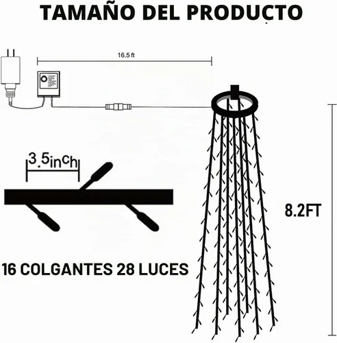 Vista 2 de Dazzle Bright - Luces de árbol de Navidad, 448 luces LED en cascada con control remoto y 8 modos de iluminación, 2.5 m X 16 líneas de luces
