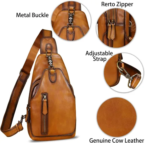 Vista 5 de LRTO Bolso bandolera de cuero genuino para hombres y mujeres, bolso cruzado de hombro de cuero real, bolsa de pecho, mochila