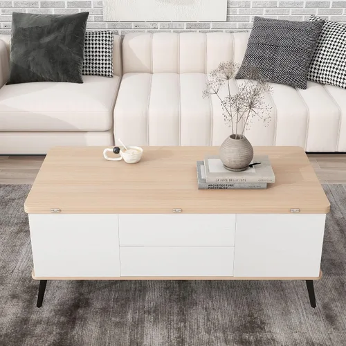 Vista 3 de Juego de 5 mesas auxiliares elevables con almacenamiento convertible con otomanas, para sala de estar, dormitorio, oficina, comedor (blanco antiguo)