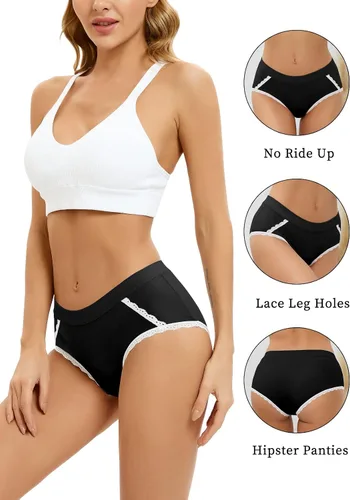Vista 3 de VIVISOO Ropa interior de algodón para mujer, linda, de encaje, suave, transpirable, sin rollitos, paquete múltiple