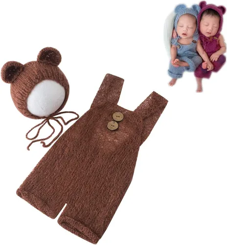 Vista 2 de Vemonllas Accesorios de fotografía para recién nacidos trajes para niños y niñas gorro de oso mohair y con pantalones de tirantes accesorios