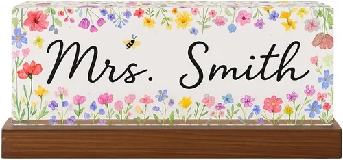 Vista 14 de Placa de nombre personalizada para escritorio para profesores, placa de nombre de acrílico personalizada para maestros con base de madera, letrero