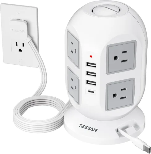 Vista 9 de Regleta de alimentación con protector de sobretensión TESSAN, torre, cable de extensión plano de 10 pies con múltiples tomas, 8 salidas de CA, 4