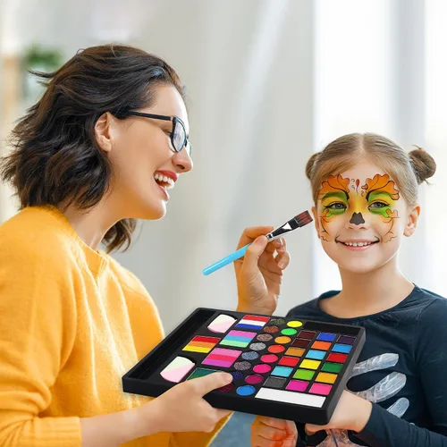 Vista 8 de Mocoosy - Kit de pintura facial de 41 colores para niños, paleta de pintura facial no tóxica activada por agua con plantillas, pinceles, gema, kit